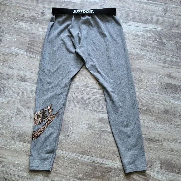 Nike Women Gray Gold Swoosh Just Do It Logo Lightweight Leg A See Legging Size L - Picture 14 of 14